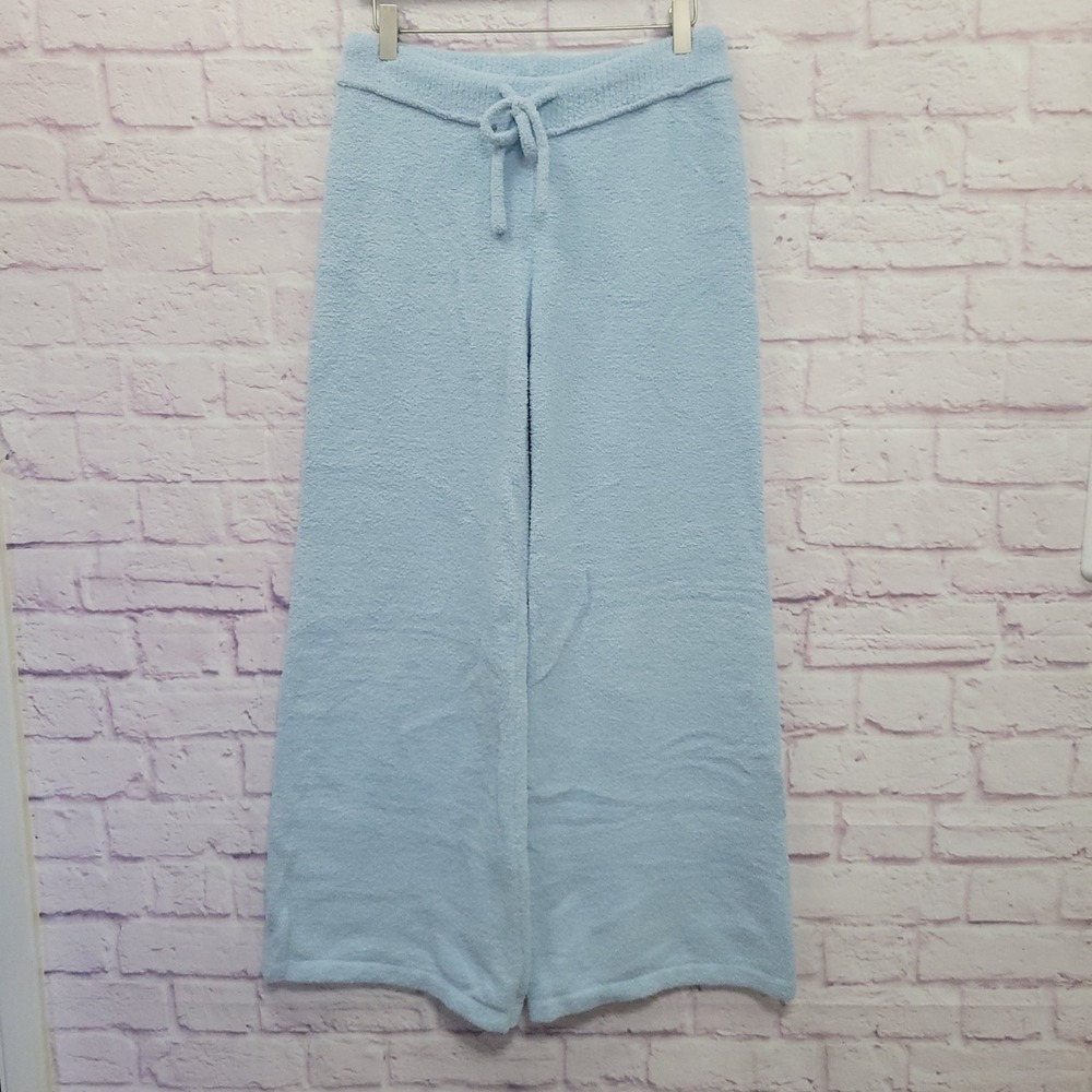 Edikted Light Blue Fuzzy Plush Knit Wide Leg Pants M Drawstring Loungewear Cozy